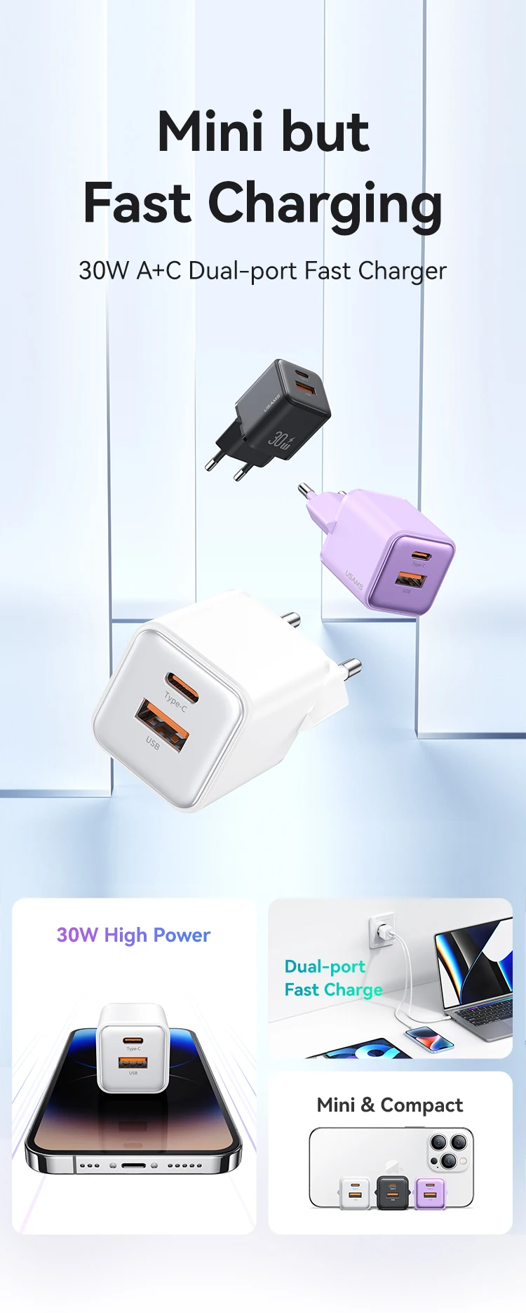 Зарядний пристрій US-CC189 PD30W+QC3.0 A+C Dual-port Fast Charger (black, EU)