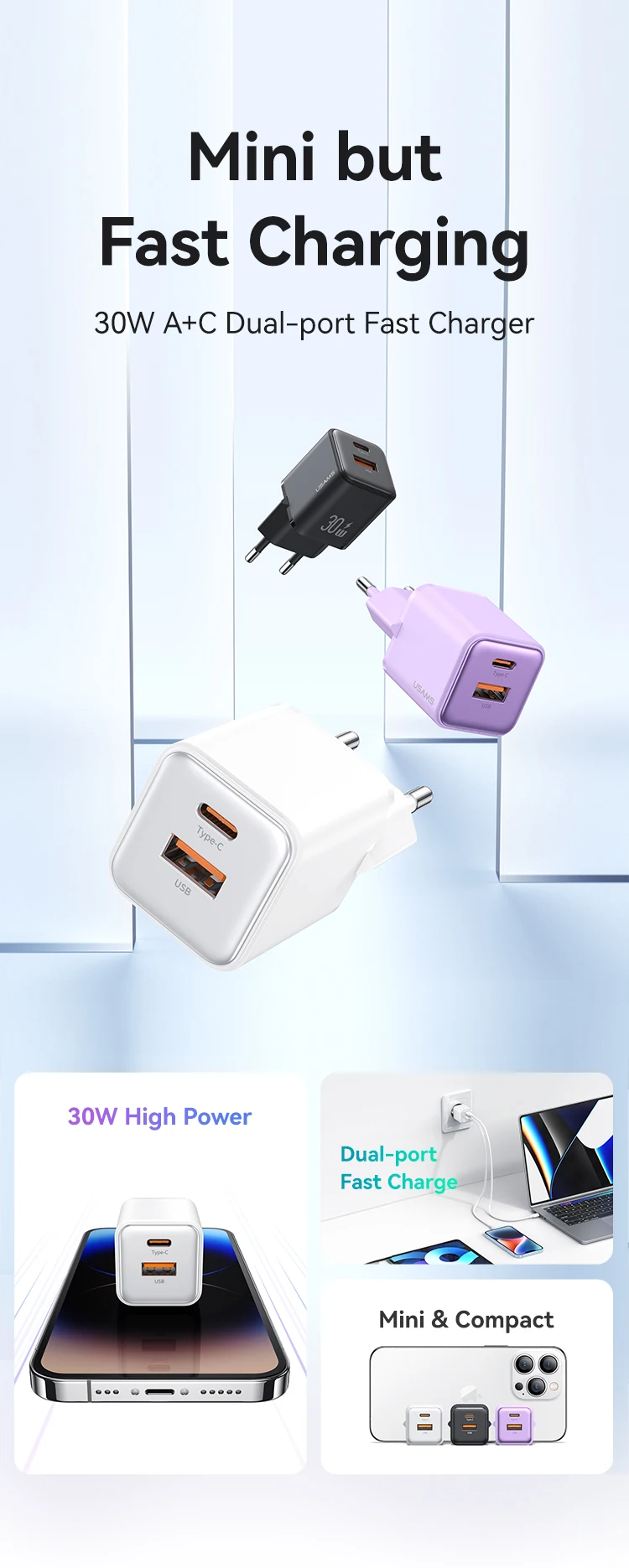 Зарядний пристрій US-CC189 PD30W+QC3.0 A+C Dual-port Fast Charger (purple, EU)