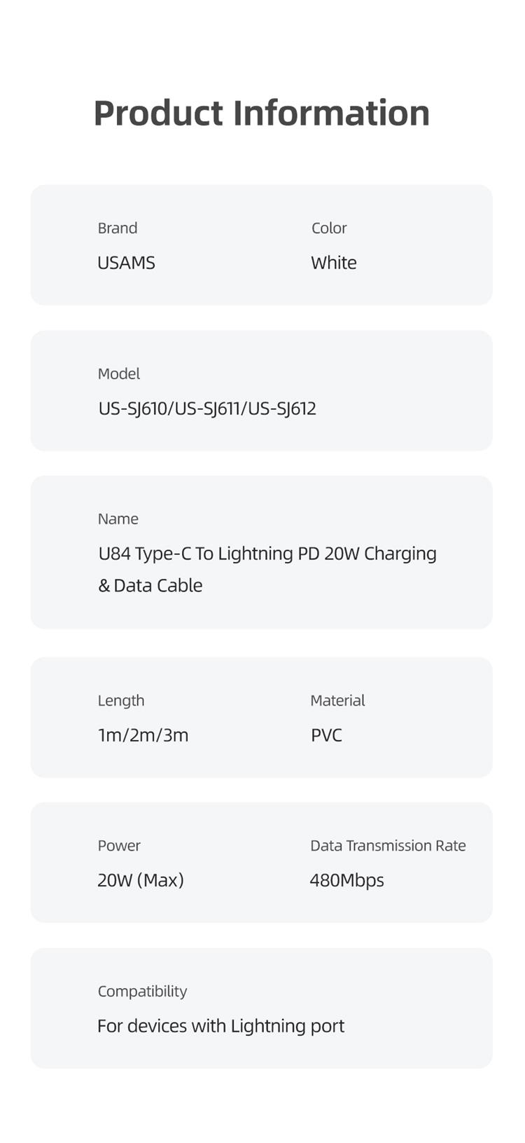 US-SJ612 U84 Type-C To Lightning PD 20W Charging & Data Cable 3m (SJ612USB01 White – USAMS) US-SJ612 U84 Type-C To Lightning PD 20W Charging & Data Cable 3m (SJ612USB01 White – USAMS)