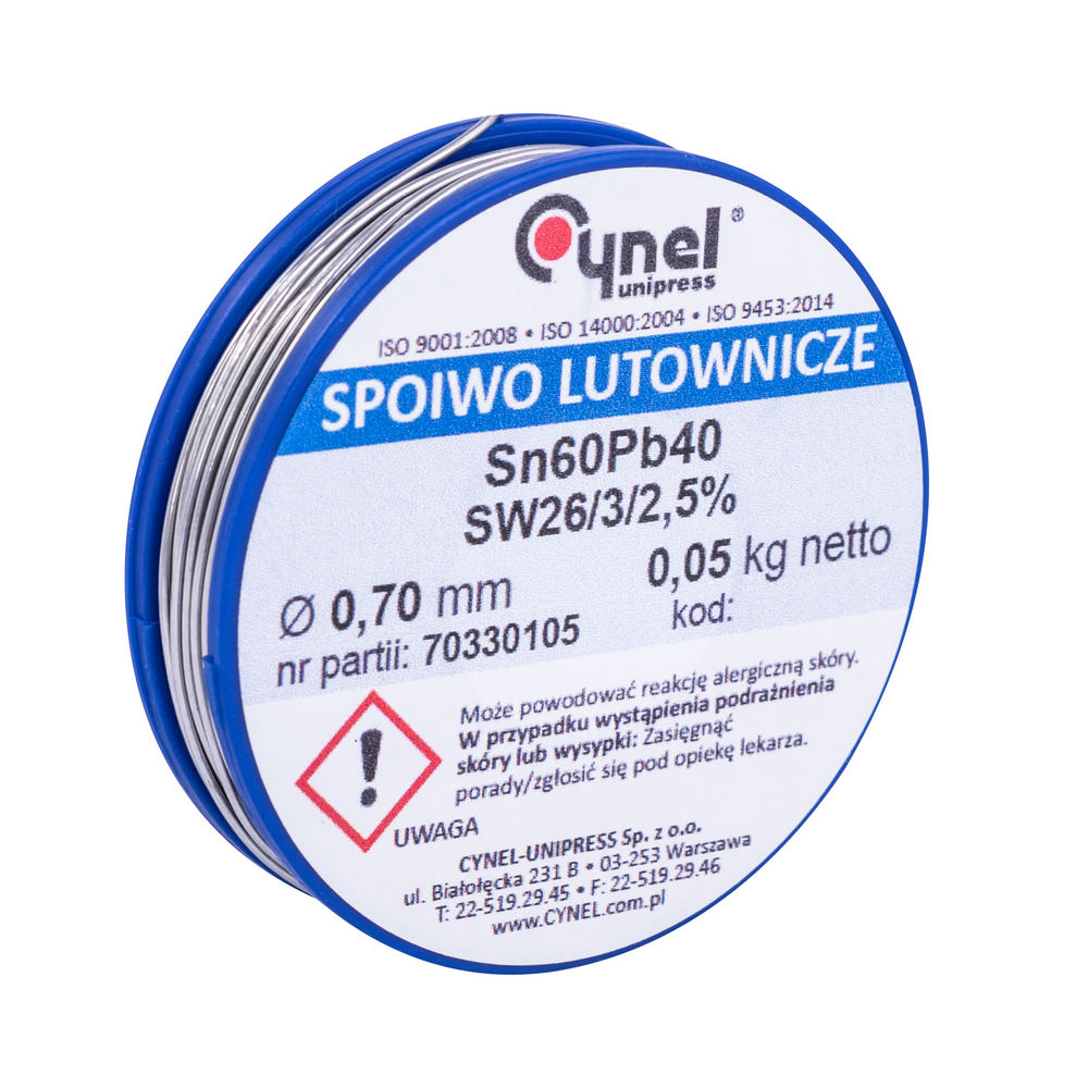 Дротяний припій 0,7мм, 50g, з флюсом, свинцевий, CYNEL Sn60Pb40-SW26/2.5% Ø0.70 50g