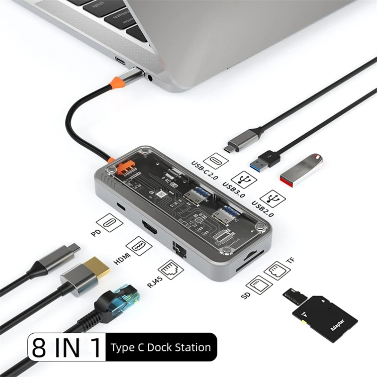 Док-станція USB Type-C 8-в-1 з HDMI, RJ45, USB 3.0, USB 2.0, PD, SD/TF Док-станція USB Type-C 8-в-1 з HDMI, RJ45, USB 3.0, USB 2.0, PD, SD/TF