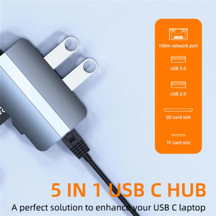 Док-станція USB Type-C 5 у з RJ45 100Mbps, USB 3.0, USB 2.0, TF/SD