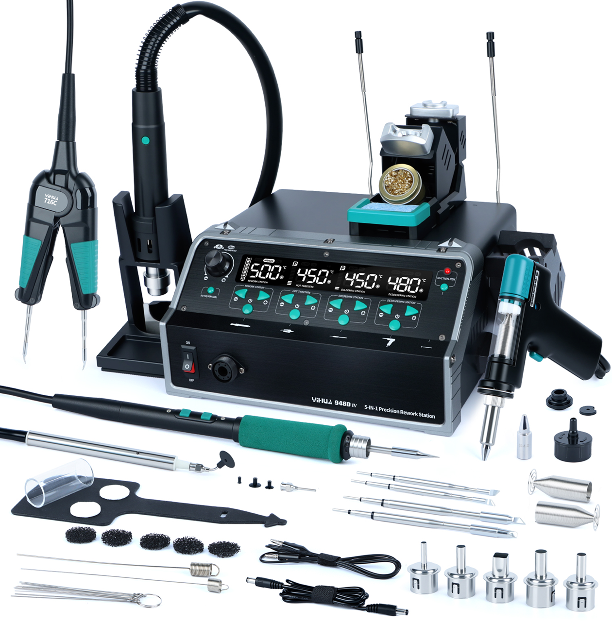 Багатофункційна 5-в-1 паяльна станція з феном, паяльником, вакуумним паяльником, термопінцетом та вакуумною присоскою Багатофункційна 5-в-1 паяльна станція з феном, паяльником, вакуумним паяльником, термопінцетом та вакуумною присоскою