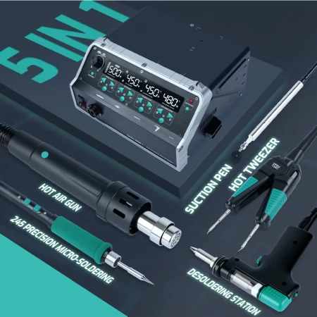 Багатофункційна 5-в-1 паяльна станція з феном, паяльником, вакуумним паяльником, термопінцетом та вакуумною присоскою Багатофункційна 5-в-1 паяльна станція з феном, паяльником, вакуумним паяльником, термопінцетом та вакуумною присоскою