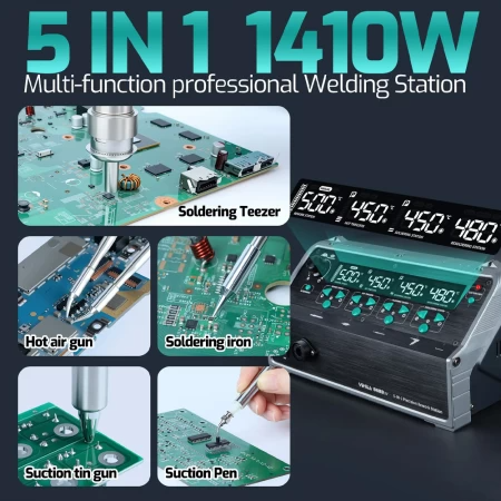 Багатофункційна 5-в-1 паяльна станція з феном, паяльником, вакуумним паяльником, термопінцетом та вакуумною присоскою Багатофункційна 5-в-1 паяльна станція з феном, паяльником, вакуумним паяльником, термопінцетом та вакуумною присоскою