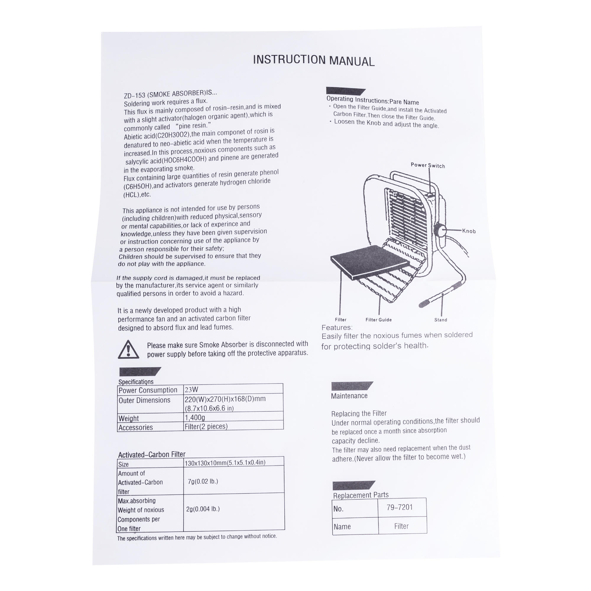 Lötrauchabsauger ZD-153 Tischrauchabsorber Smoke Absorber 220V 1m3/min Standfuß