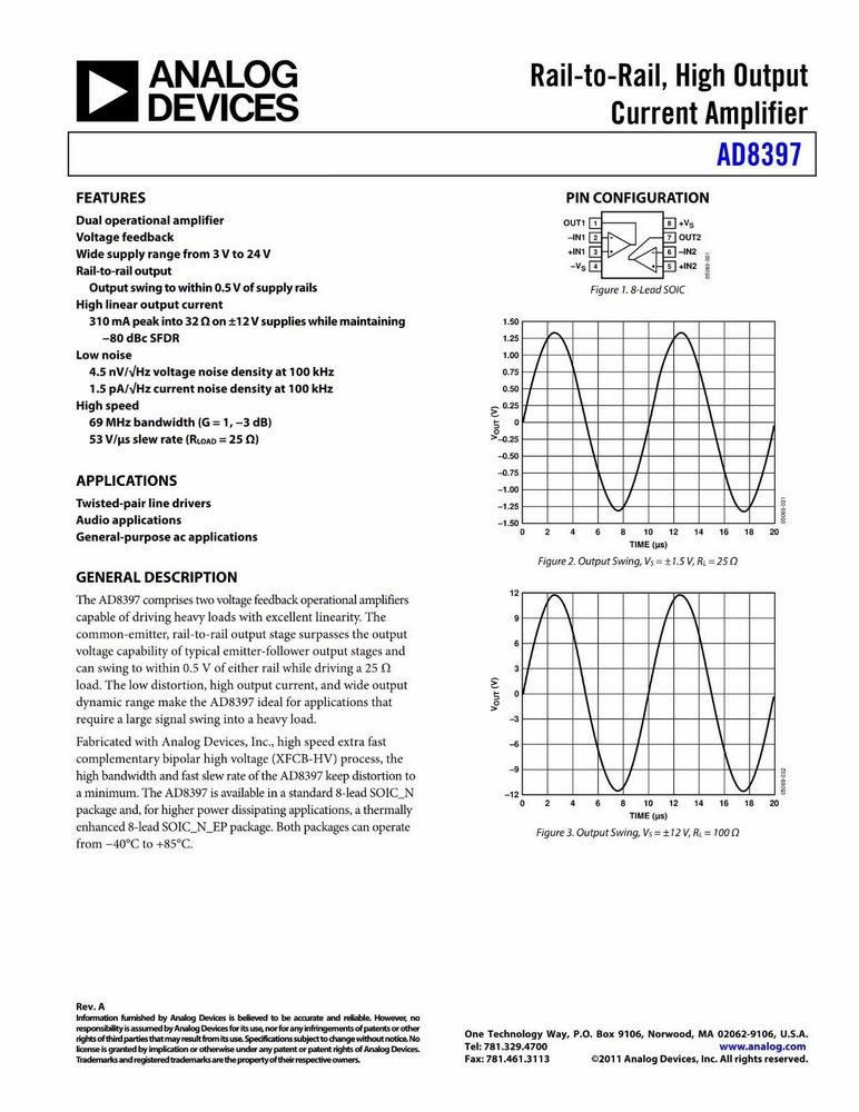 AD8397ARZ 2-fach Hochgeschwindigkeits-Operationsverstärker Rail-to-Rail 69MHz