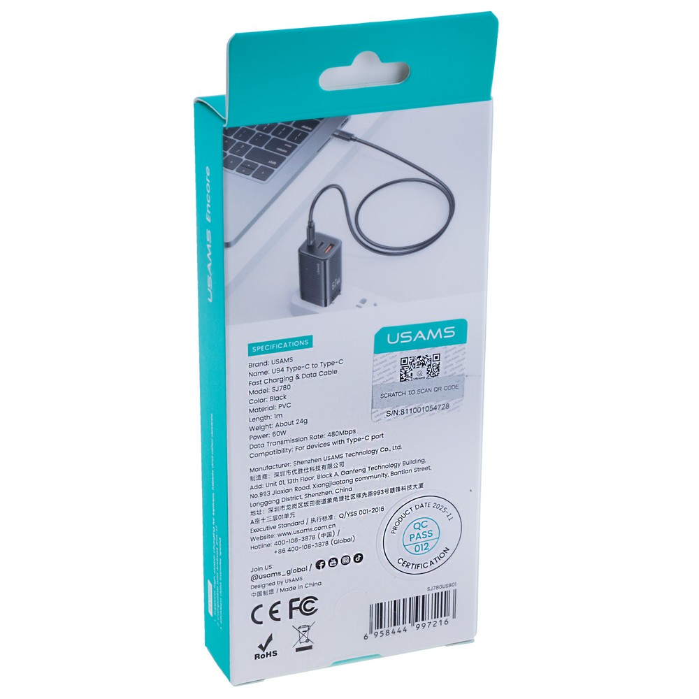 SJ780 U94 60W Type-C to Type-C Fast Charging & Data Cab (SJ780USB01 Black – USAMS)