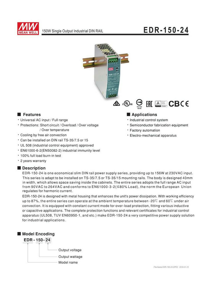 Hutschienennetzteil EDR-150-24 150W 24V Mean Well