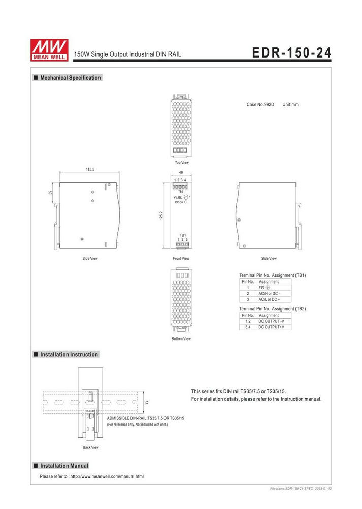 Hutschienennetzteil EDR-150-24 150W 24V Mean Well