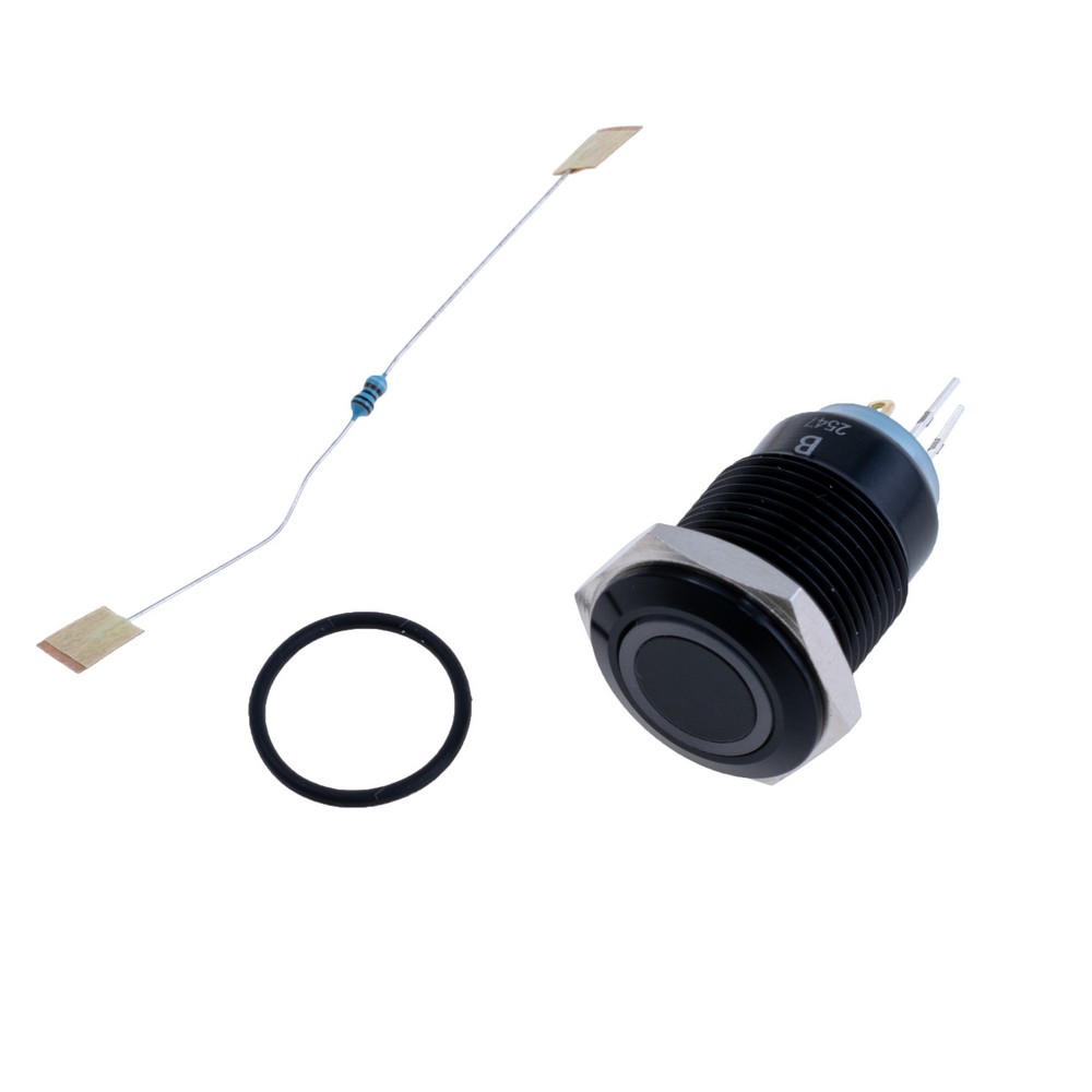 Кнопка антивандальна з фіксацією, чорна, синє підсвічування 12V, GQ16F-10EL/A