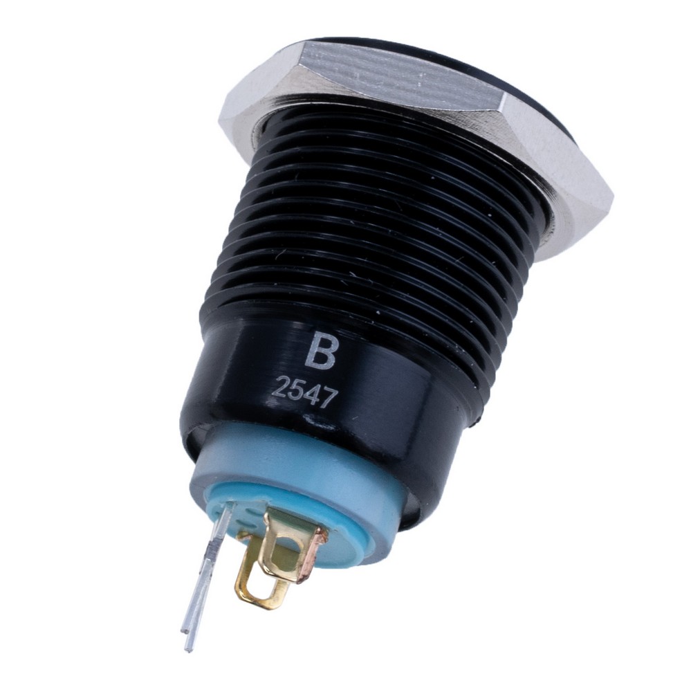 Кнопка антивандальна з фіксацією, чорна, синє підсвічування 12V, GQ16F-10EL/A