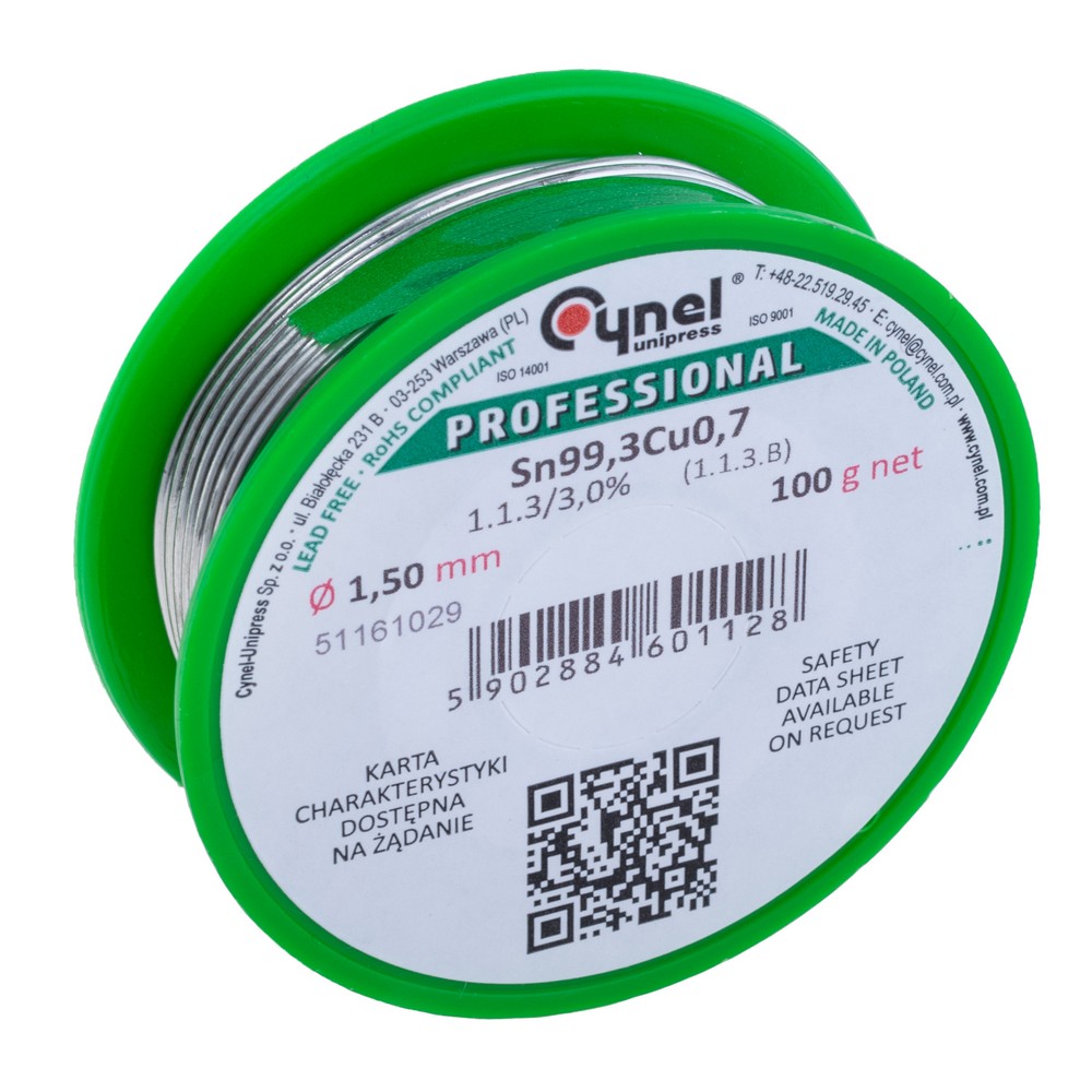 Дротяний припій, 1.5mm, 100g, з флюсом, безсвинцевий, CYNEL Sn99Cu07-1.1.3/3.0% Ø1.5, 100g