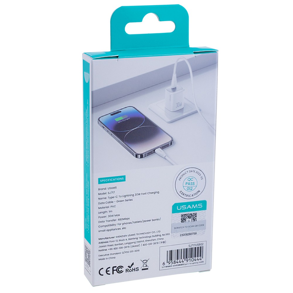 SJ717 Type-C To Lightning 30W Fast Charging Data Cable - Green Series 1M (SJ717USB02 White – USAMS)