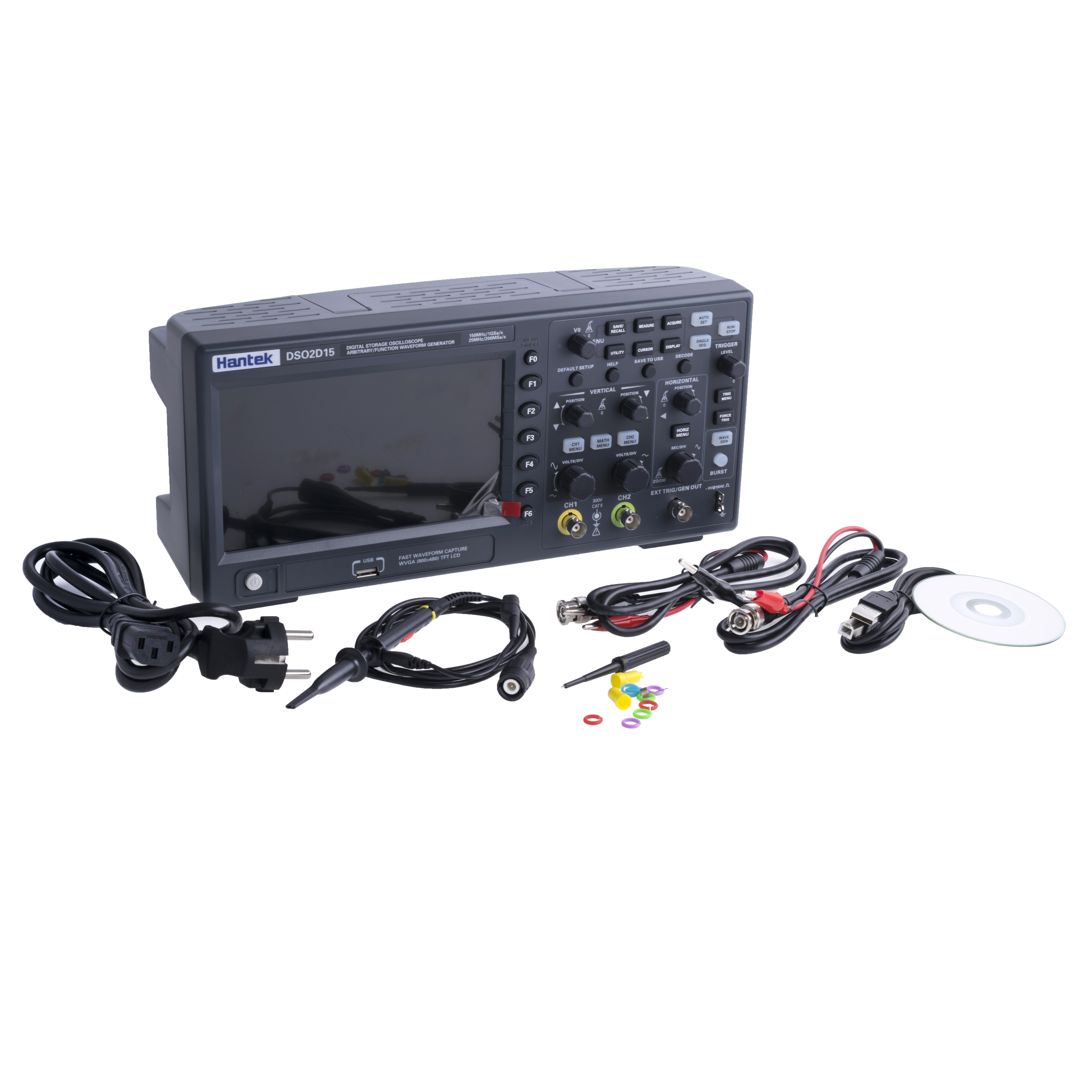 Цифровий осцилограф Hantek DSO2D15 (2ch DSO + 1ch generator + External trigger, 150MHz, 1GSa / s (single ch) or 500MSa / s (two ch)). Уцінка: пошкоджена картонна упаковка