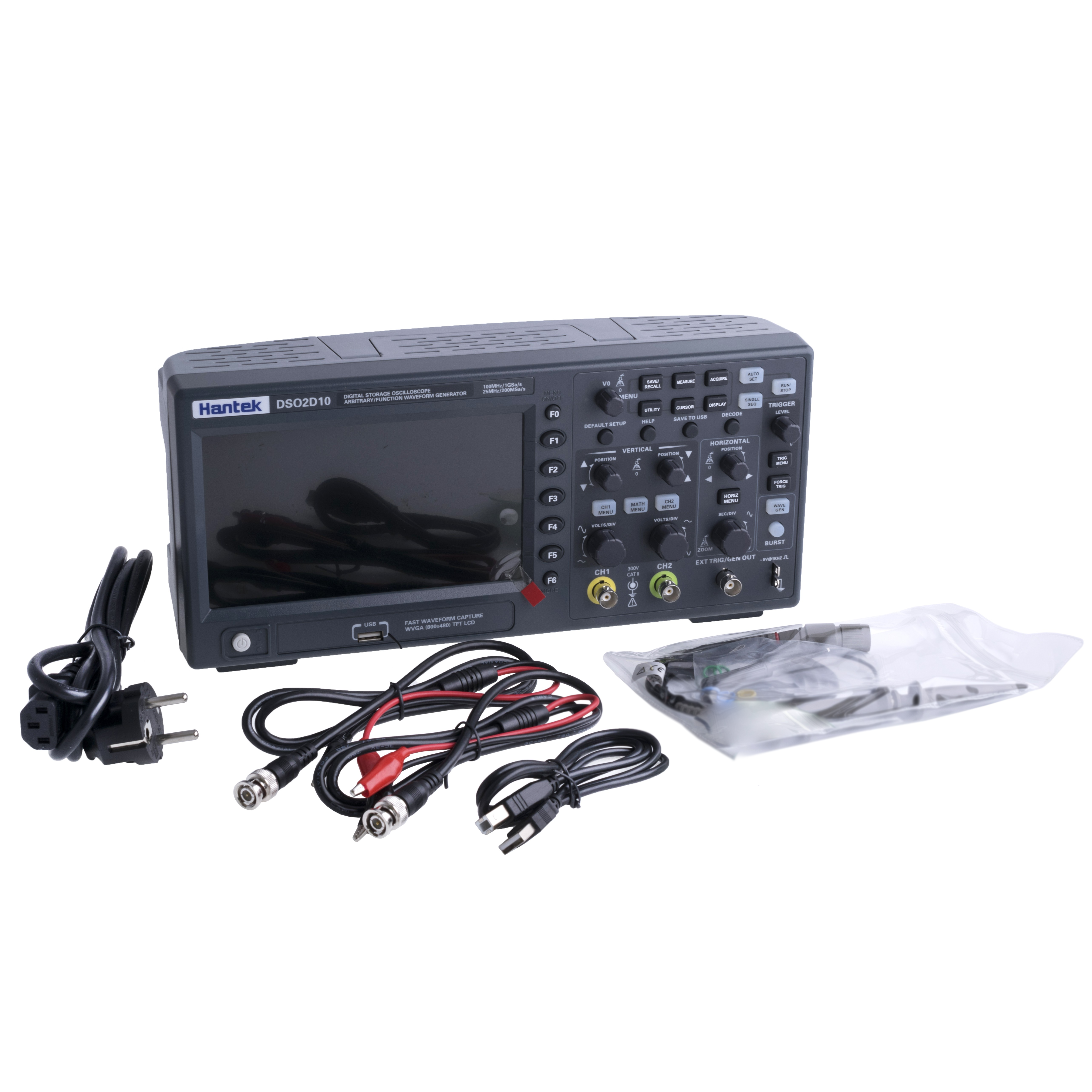 Цифровой осциллограф Hantek DSO2D10 (2ch DSO +1ch generator + External trigger, 100MHz, 1GSa/s (single ch) or 500MSa/s (two ch))