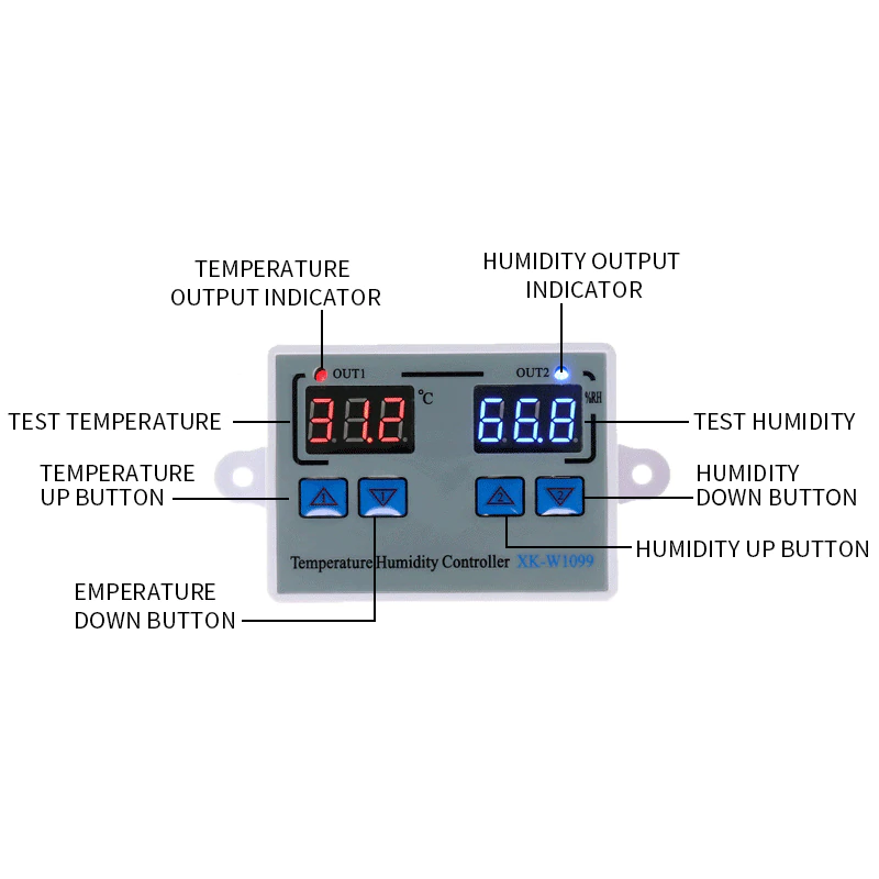 Термостат с контролем влажности XK-W1099 10A/220VAC (FNIRFSI - 9F3)