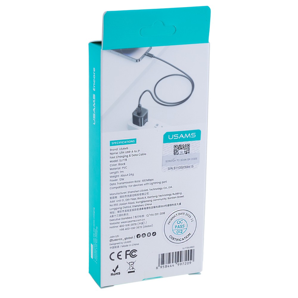 SJ778 U94 USB-A to iP 2.4A Fast Charging & Data Cable (SJ778USB01 Black – USAMS)