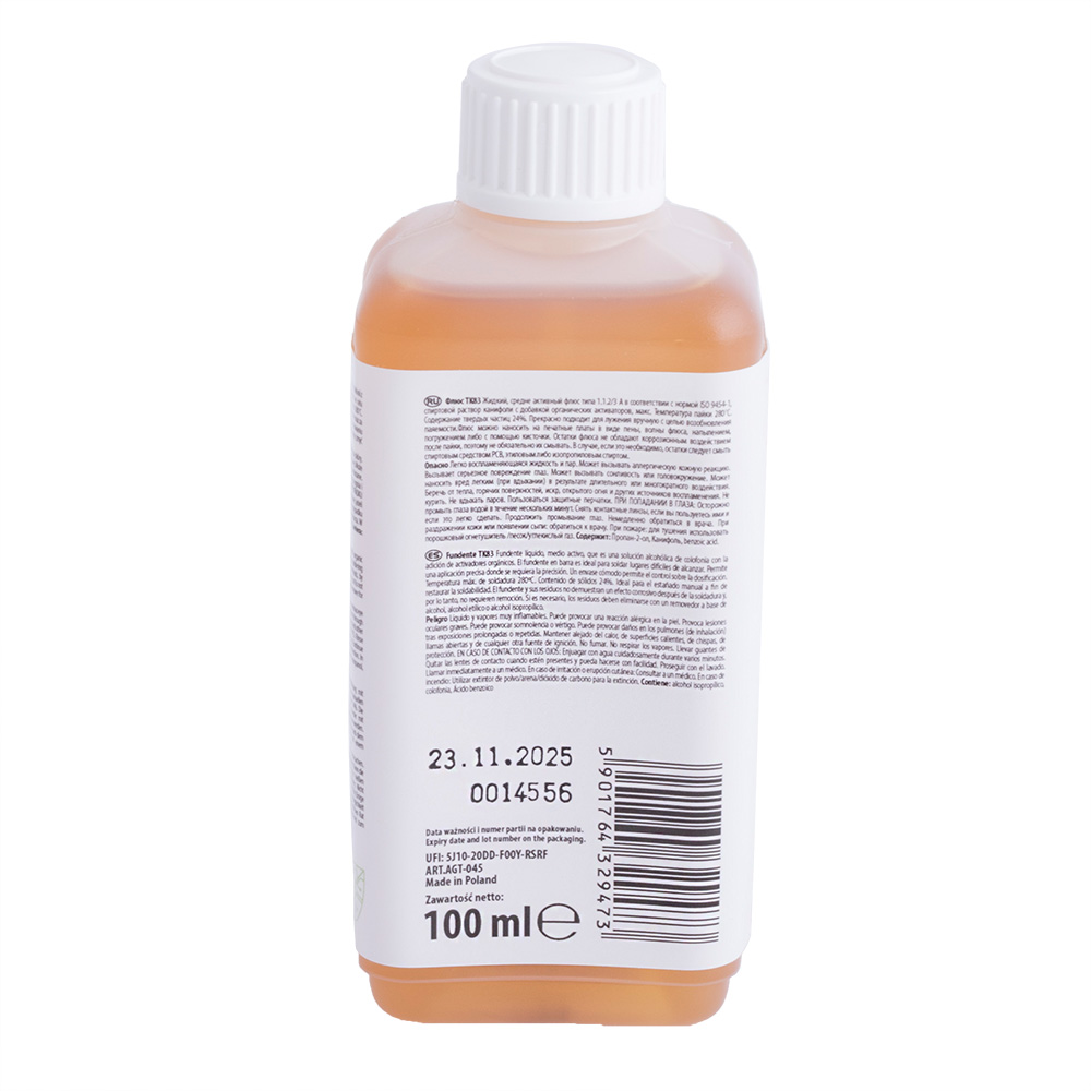 Flussmittel TK83 Flasche 100ml Alkohollösung von Kolophonium mit organischen Aktivatoren,  Löttemperatur bis 280°C, besonders für manuelles Verzinnen, AGT-045