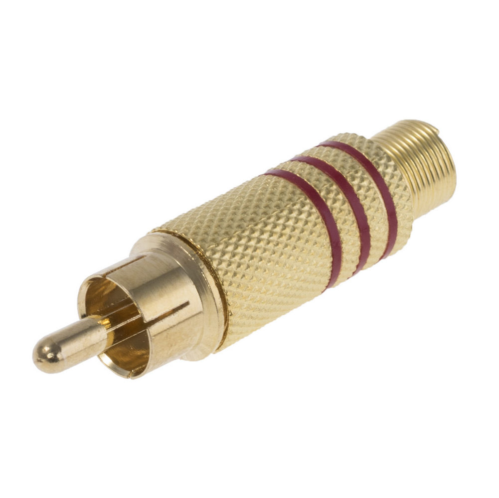 Stecker RCA (Tulpe) vergoldet, mit rot Streifen Stecker RCA (Tulpe) vergoldet, mit rot Streifen