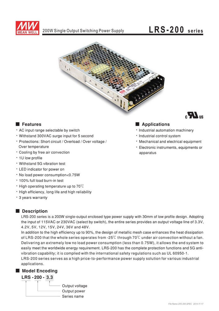 Einbauschaltnetzteil LRS-200-15 200W 15V  Mean Well