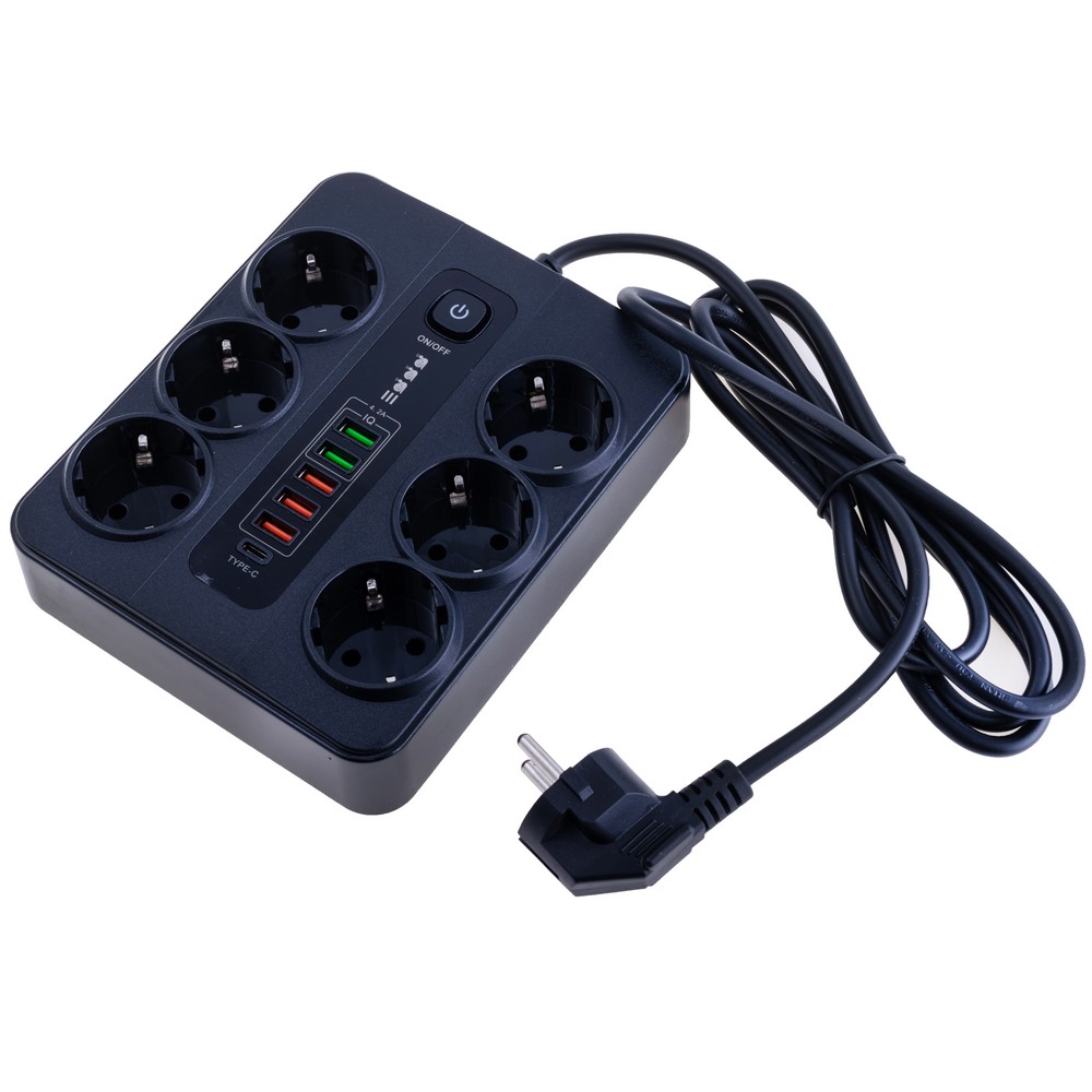 Мережевий фільтр 10A max.,подовжувач 2м на 6 розеток із USB 5V/3,4A