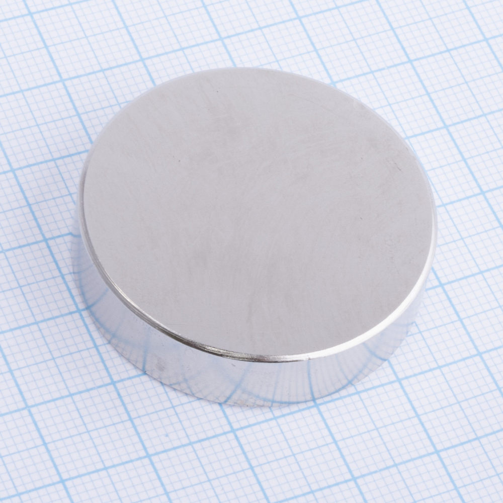 Магнит NdFeB, диск/цилиндр D40 x10 mm (N38), Ni+Cu+Ni (никель)