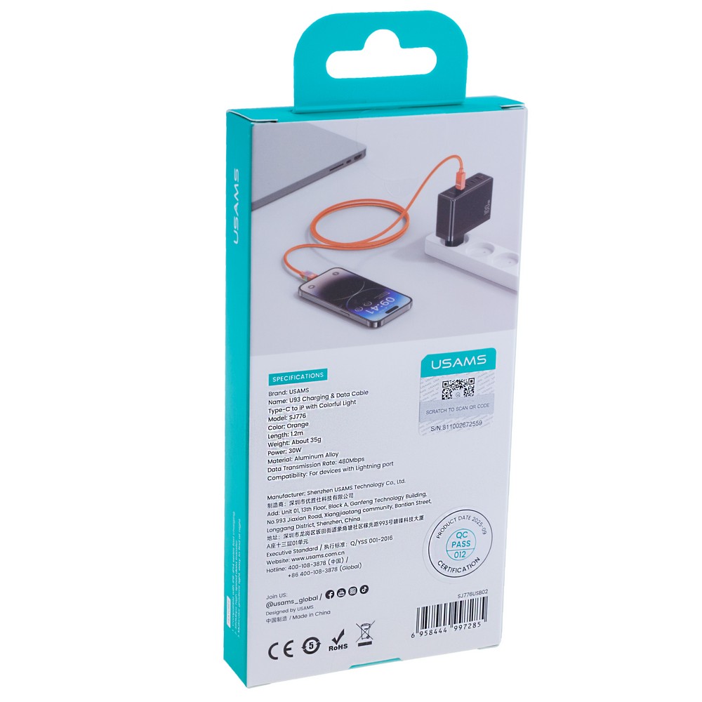 SJ776 U93 30W Charging & Data Cable C to iP with Colorful Light (SJ776USB02 Orange – USAMS)