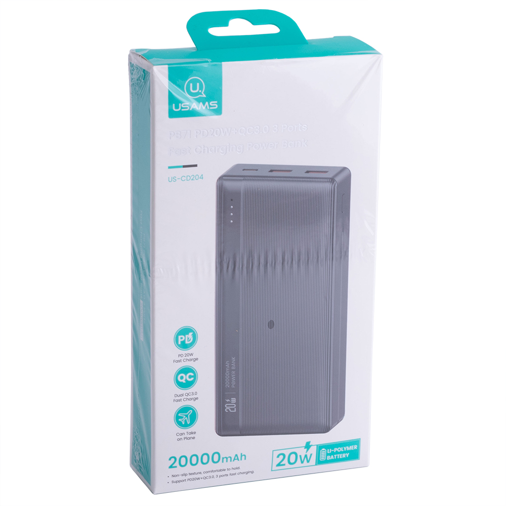 Power Bank 20000mAh (Rated Capacity: 12000mAh) US-CD204 PB71 PD20W+QC3.0 чорний (USAMS)