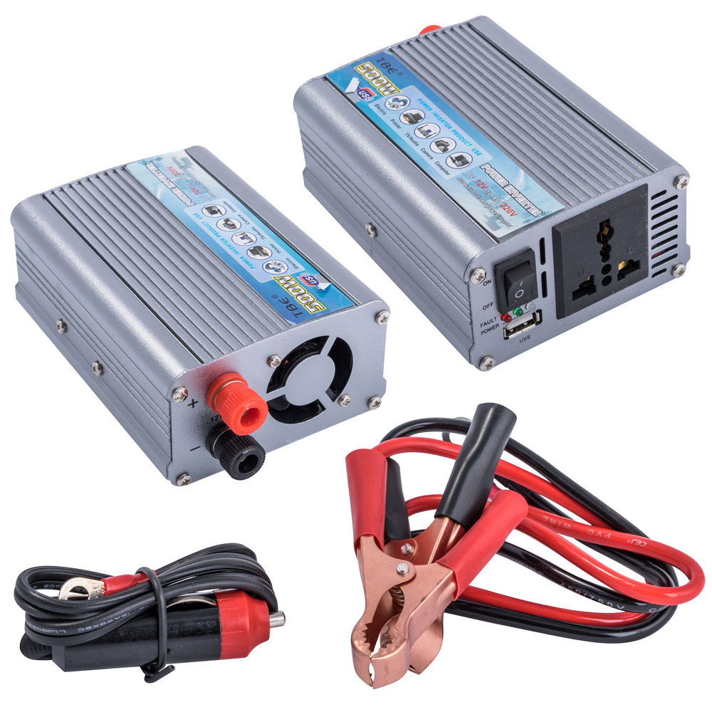 SpannungsWechselrichter / Inverter / Inverter N/N 500, 300W, 12/220 mit einer angenäherten Sinuskurve, 1 Universalsteckdose, Klemmen + Zigarettenanzünder + Spannklauen ( Krokodilklemmen)