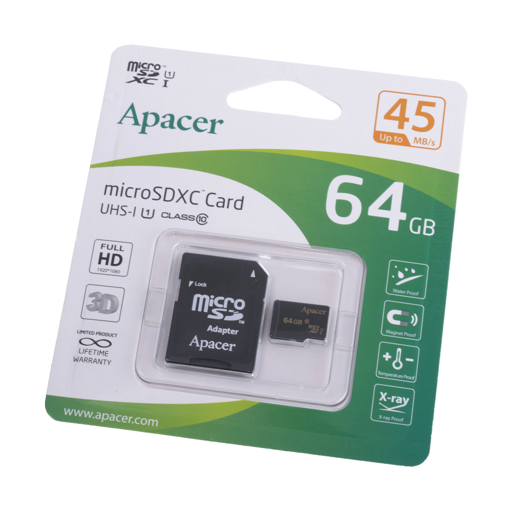 Карта памяти microSDXC 64GB UHS-I U1 CLASS 10 +adapter, APACER
