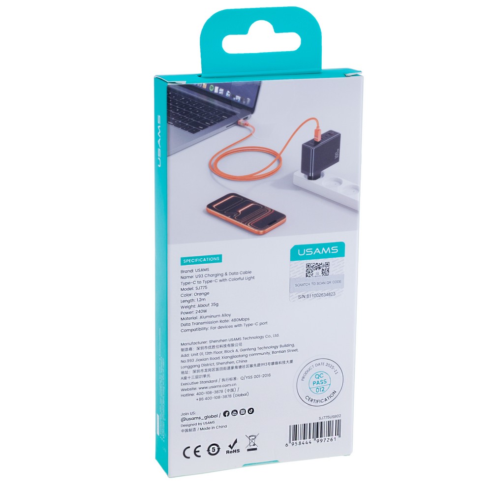 SJ775 U93 240W Charging & Data Cable C to C with Colorful Light (SJ775USB02 Orange – USAMS)