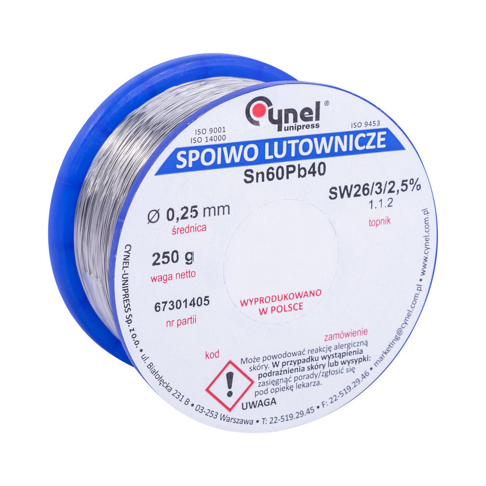 Дротяний припій, 0,25mm, 250g, з флюсом, свинцевий, CYNEL Sn60Pb40-SW26/2.5% Ø0.25 250g