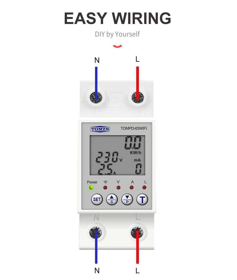 WIFI Circuit breaker Energy Meter Metering Timer with voltage current leakage protection TOMPD-63WIF Without backlight 1-63A(TOMZN)