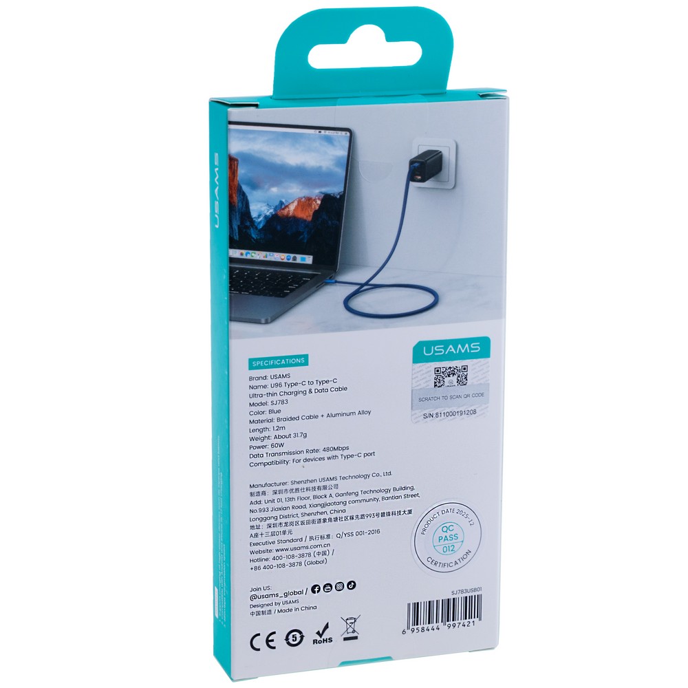 SJ783  U96 60W Type-C to Type-C Ultra-thin Charging & Data Cable (SJ783USB01 Blue – USAMS)