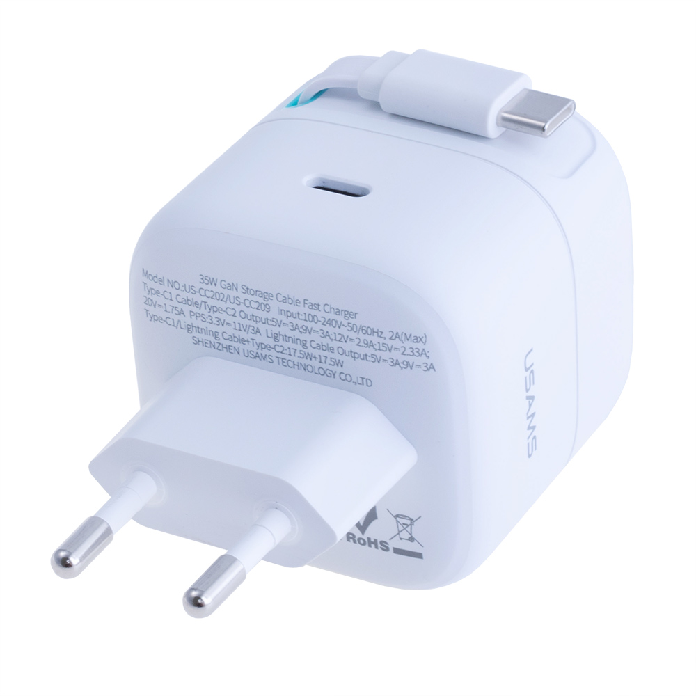 Зарядний пристрій US-CC202 PD35W Dual Port GaN Fast Charger With Type-C Magnetic Telescopic Cable (white, EU)