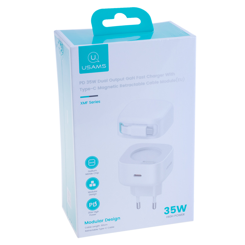 Зарядний пристрій US-CC202 PD35W Dual Port GaN Fast Charger With Type-C Magnetic Telescopic Cable (white, EU)