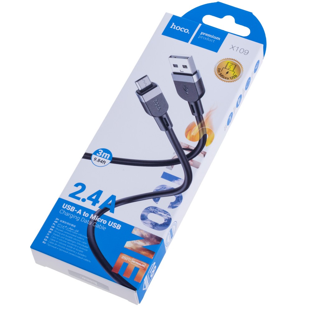 Кабель USB A plug - USB micro plug довжина 3m, чорний 2.4A Hoco (X109) Кабель USB A plug - USB micro plug довжина 3m, чорний 2.4A Hoco (X109)