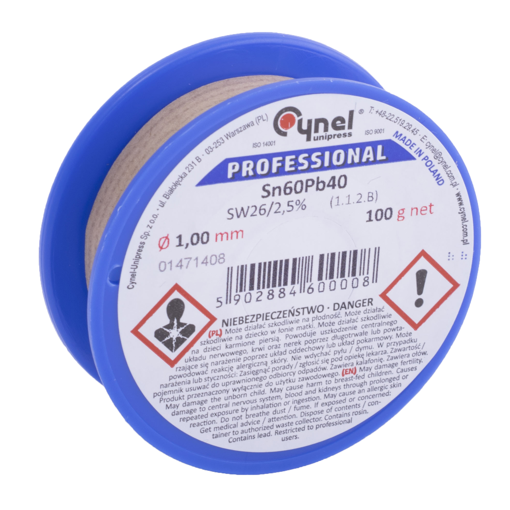 Дротяний припій, 1mm, 100g, з флюсом, свинцевий, CYNEL Sn60Pb40-SW26/2.5% Ø1.0, 100g (WG-01X-01-1-100-6 / LC60-1.00/0.1)