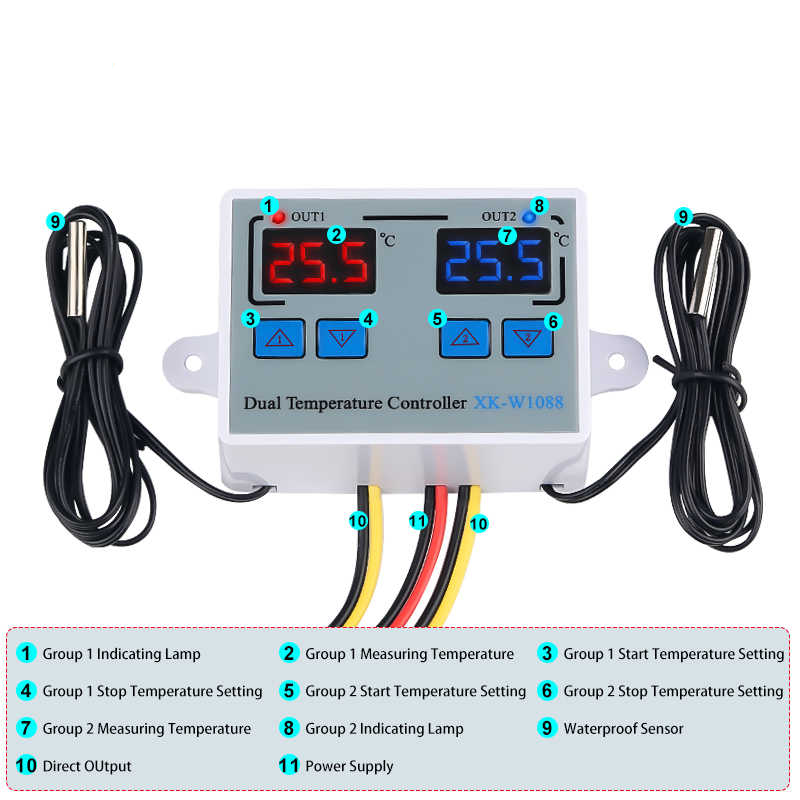 Термостат с двумя датчиками XK-W1088 10A/12V (FNIRFSI - 8F3)