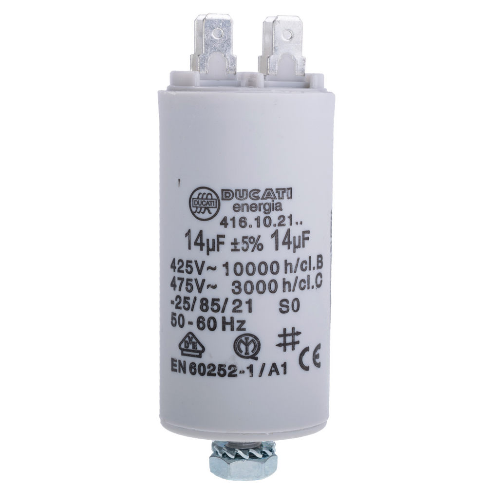 14uF 425VAC ±5% 36x70mm+Schraube, mit Klemmen 6.3 mm (4.16.10.21.64) Ducati (Motorkondensator) 14uF 425VAC ±5% 36x70mm+Schraube, mit Klemmen 6.3 mm (4.16.10.21.64) Ducati (Motorkondensator)