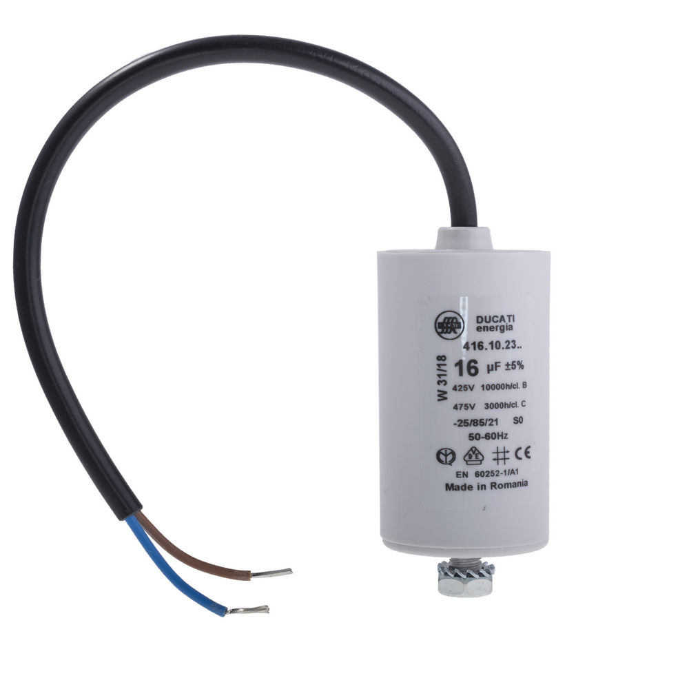 16uF 425VAC ±5% 36x70mm+Schraube, mit Draht 250mm (4.16.10.23.14) Ducati (Motorkondensator) 16uF 425VAC ±5% 36x70mm+Schraube, mit Draht 250mm (4.16.10.23.14) Ducati (Motorkondensator)