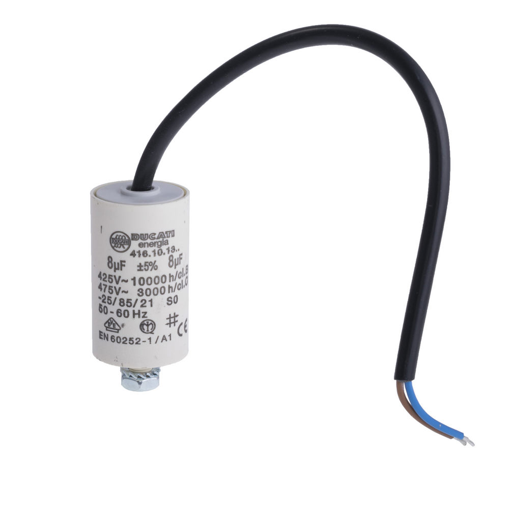 8uF 425VAC ±5% mit Draht 250mm, Befestigung Schraube M8 (4.16.10.13.14) (Motorkondensator) 8uF 425VAC ±5% mit Draht 250mm, Befestigung Schraube M8 (4.16.10.13.14) (Motorkondensator)