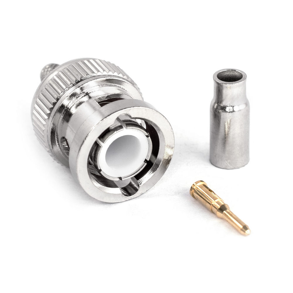 BNC-Stecker auf Kabel (EM-BC001-RG174-NGT – Emico), "Männchen", gerade, gecrimpt BNC-Stecker auf Kabel (EM-BC001-RG174-NGT – Emico), "Männchen", gerade, gecrimpt