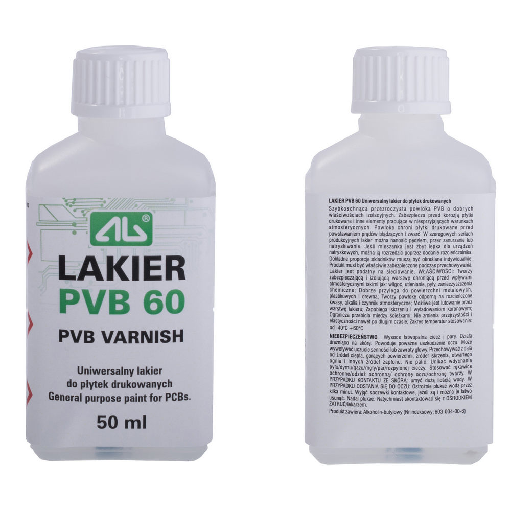 Schutz- und Isolierlack PVB60 Flasche 50ml Universal-Lack für Leiterplatten u.ä. Schutz- und Isolierlack PVB60 Flasche 50ml Universal-Lack für Leiterplatten u.ä.