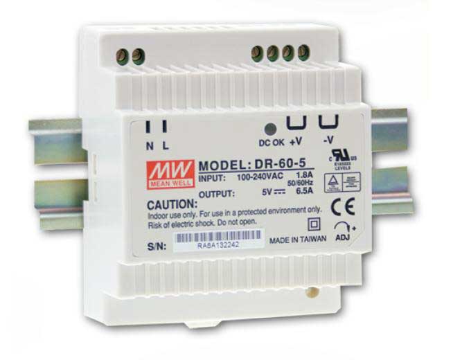Hutschienen Netzteil 32.5W 5V 6.5A MeanWell DR-60-5 Hutschienen Netzteil 32.5W 5V 6.5A MeanWell DR-60-5