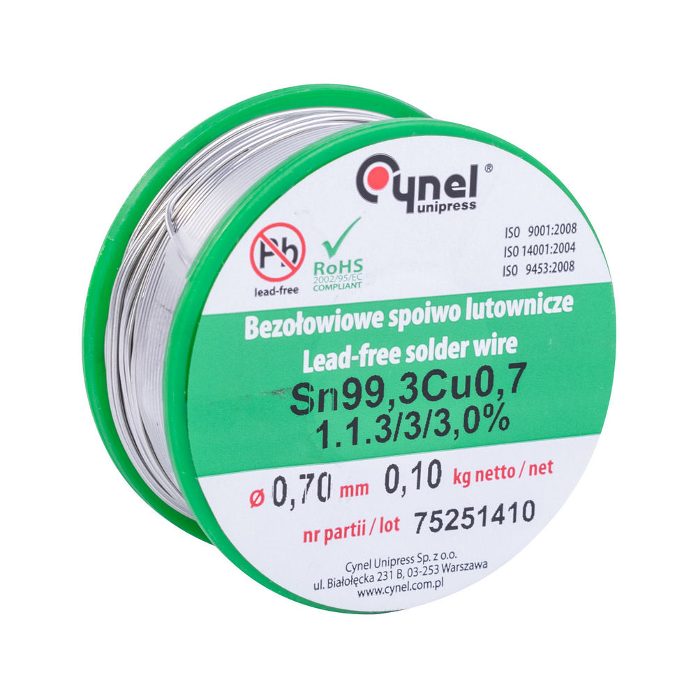 Lötzinn Bleifrei Sn99,3Cu0,7 Ø0,7mm Spule 0,1kg Flußmittel 3,0% Cynel Lötzinn Bleifrei Sn99,3Cu0,7 Ø0,7mm Spule 0,1kg Flußmittel 3,0% Cynel