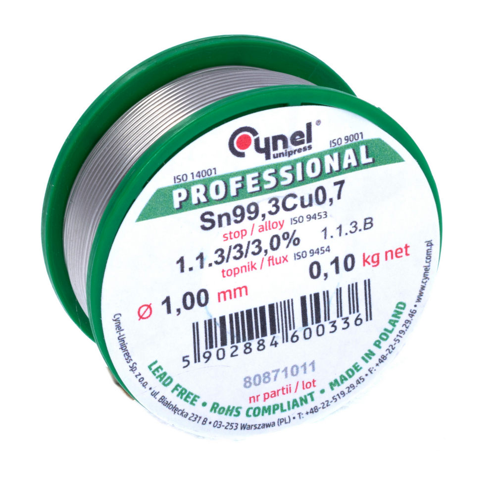 Lötzinn Bleifrei Sn99,3Cu0,7 Ø1,0mm Spule 0,1kg Flußmittel 3,0% Cynel Lötzinn Bleifrei Sn99,3Cu0,7 Ø1,0mm Spule 0,1kg Flußmittel 3,0% Cynel